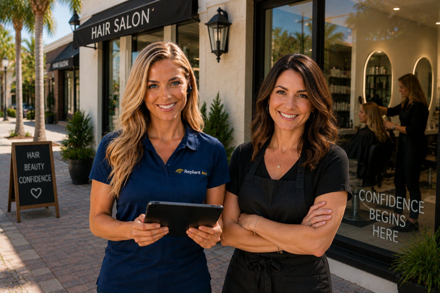 Ashley, the Repliant Arc AI front desk, with a hair stylist in a salon