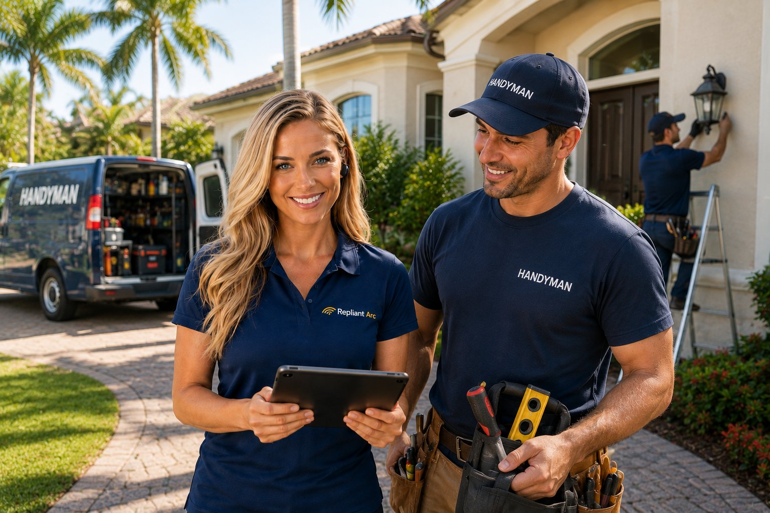 Ashley, the Repliant Arc AI front desk, with a handyman on a job