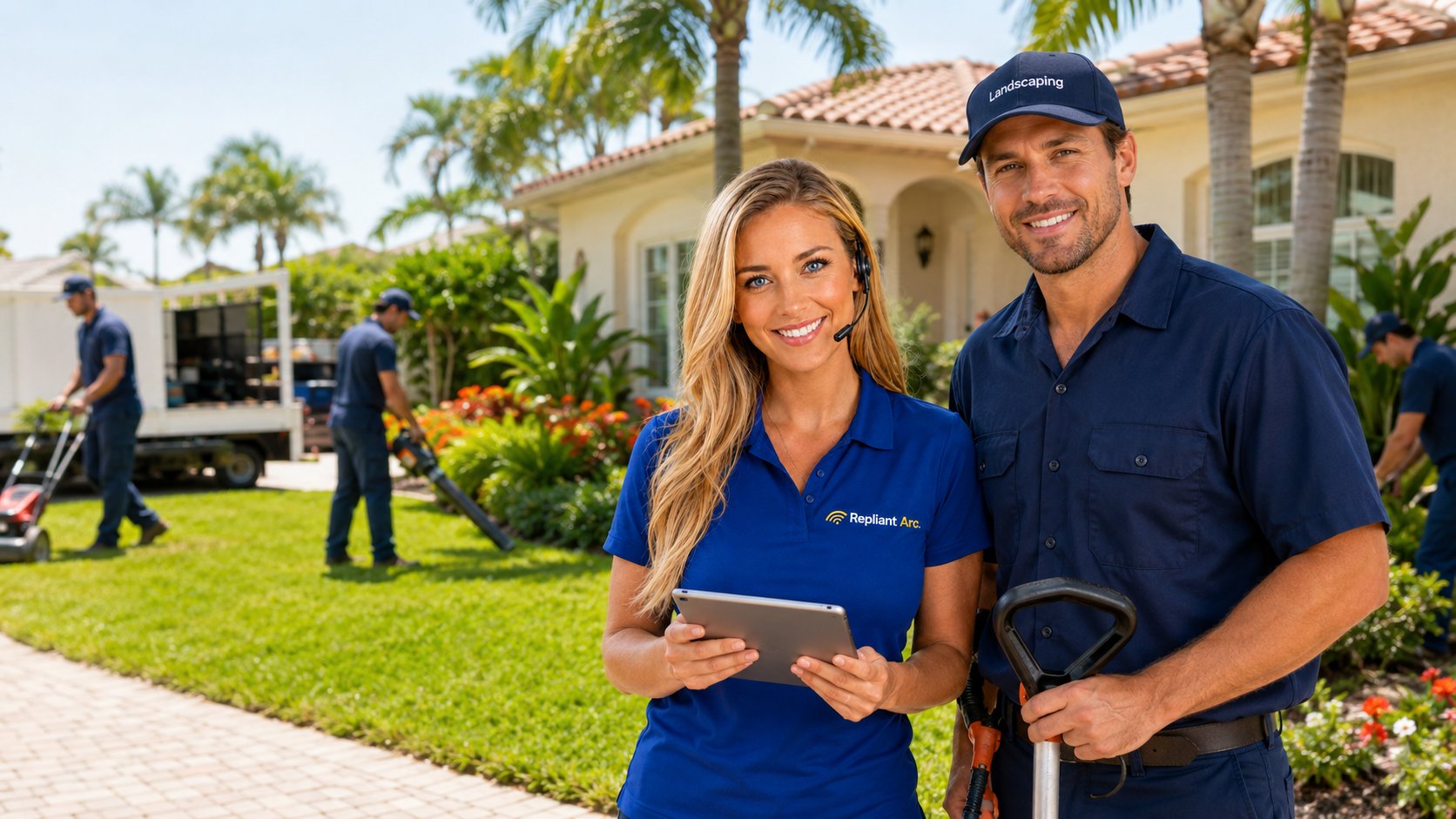 Ashley, the Repliant Arc AI front desk, with a landscaping crew member on a job