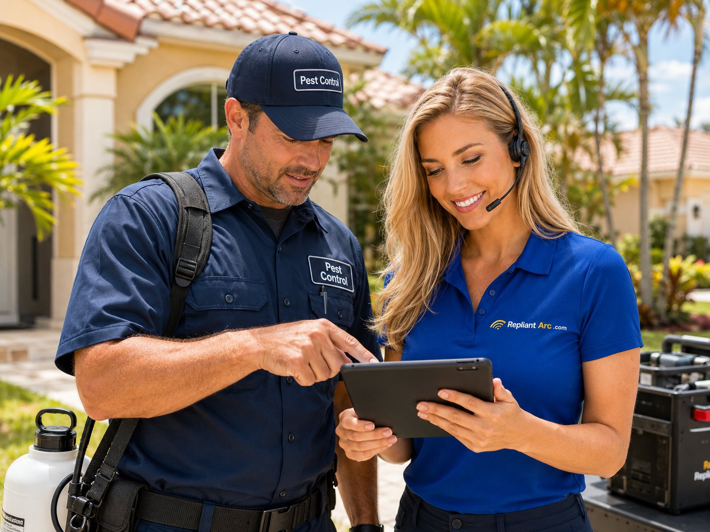Ashley, the Repliant Arc AI front desk, with a pest control technician on a service call