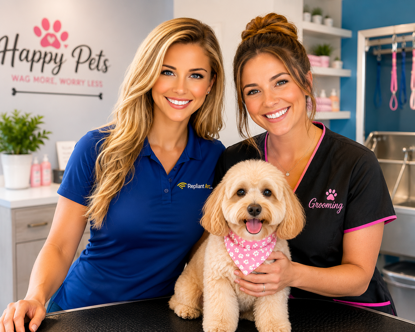 Ashley, the Repliant Arc AI front desk, with a pet groomer and a happy dog in a grooming salon