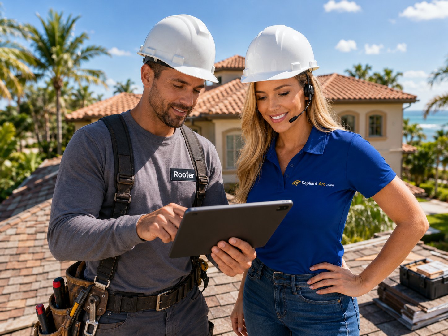 Ashley, the Repliant Arc AI front desk, with a roofing contractor on a service call