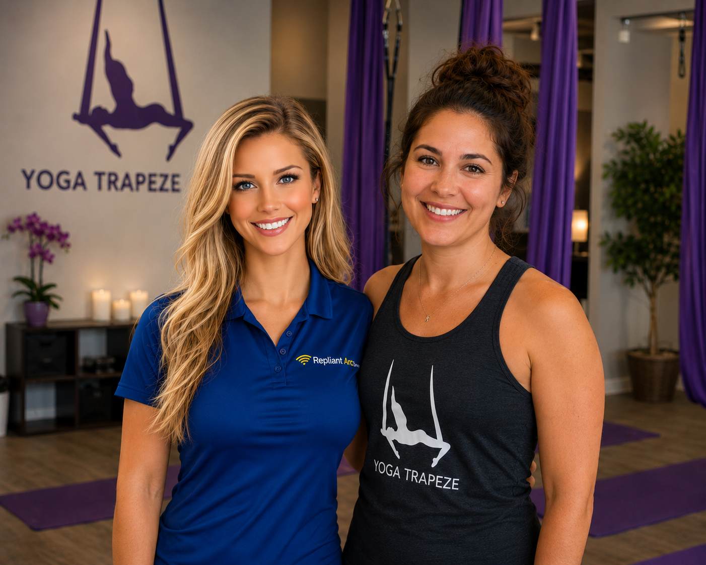 Ashley, the Repliant Arc AI front desk, with a yoga instructor in a studio