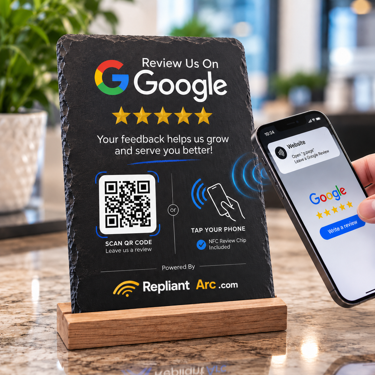 Repliant Arc Target Tap plaque with QR code and tap technology for Google reviews