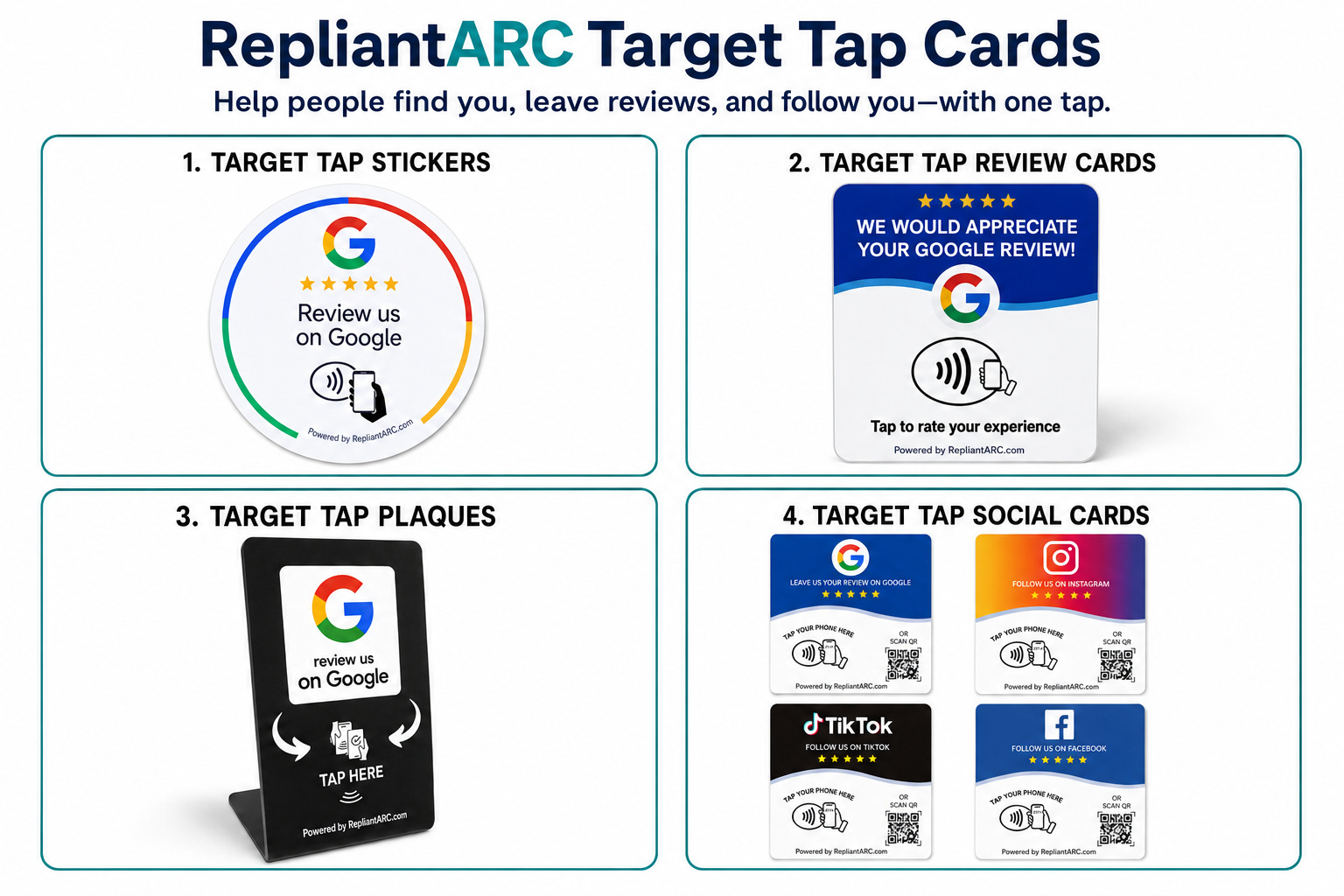 Repliant Arc Target Tap Cards — review cards, tabletop plaques, and social media cards for Google, Instagram, TikTok, and Facebook